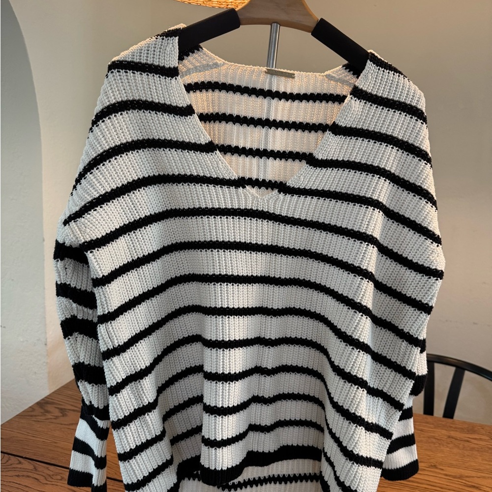 Caroline Constas New York Black & White Striped Knit V-Neck Sweater